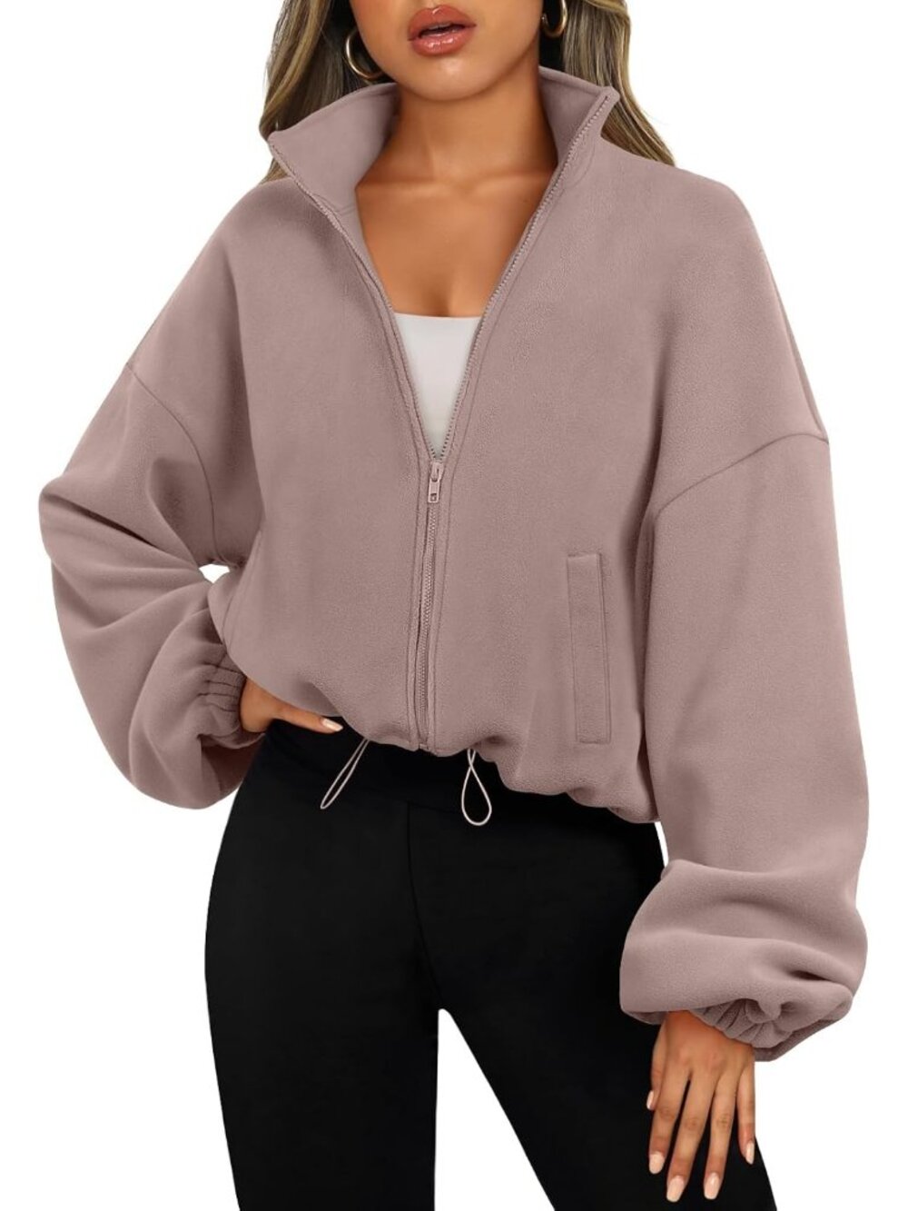 Womens Coffee Grey Long Sleeve ZIP Up Oversized Cropped Sweatshirt Fleece Jacket